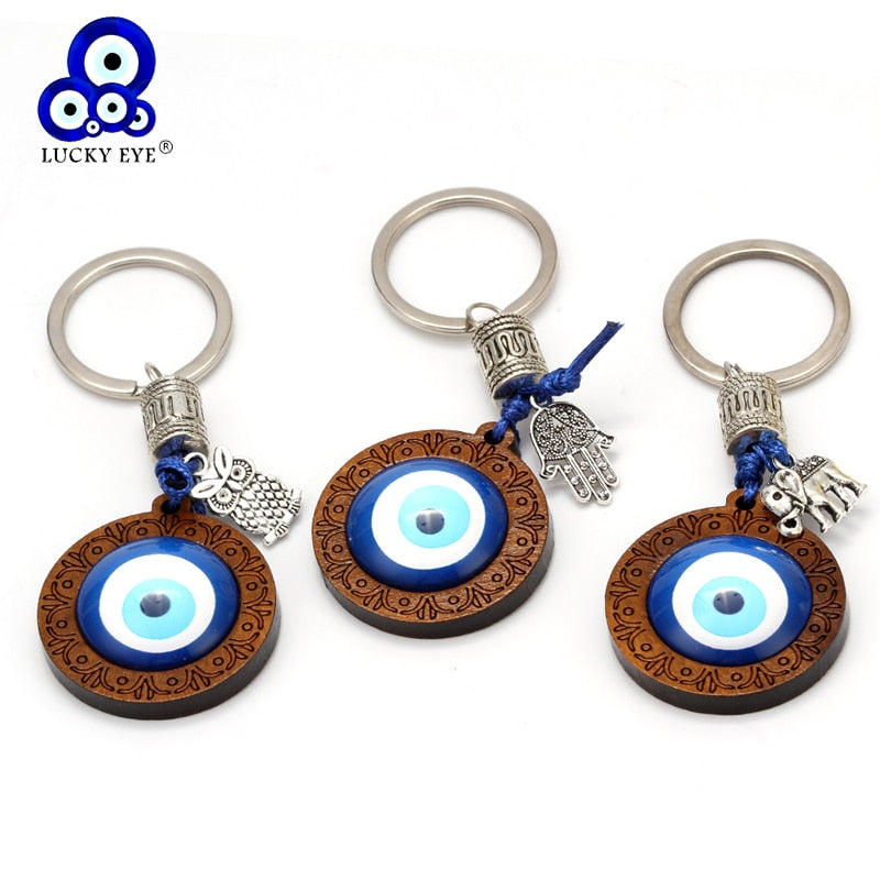 Lucky Eye Keychain Wood Turkish Blue Evil Eye Pendant Hamsa Hand Elephant Owl Charm Key Chain Jewelry for Women Men Car EY6296