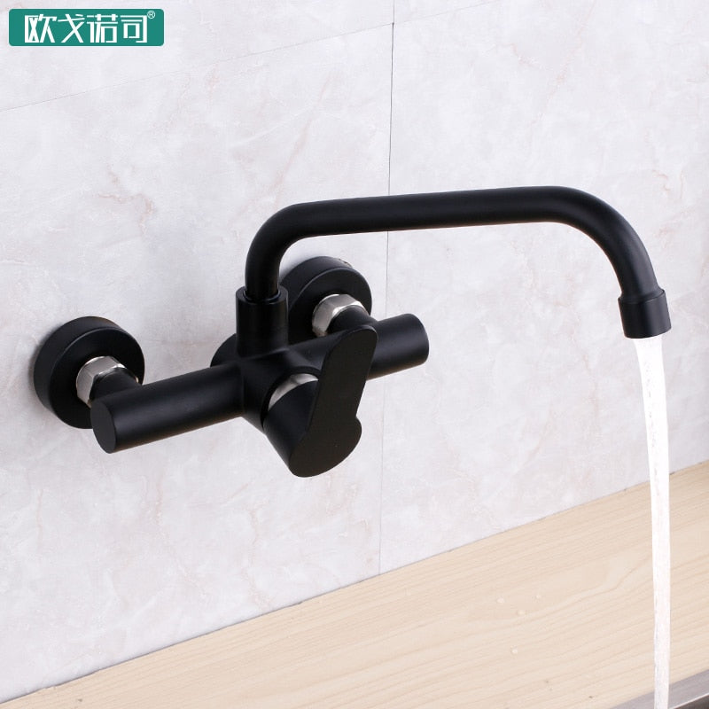 Wall mounted black kitchen faucet single handle double holes hot and cold water mixer