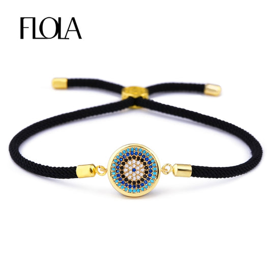 FLOLA Turkish Male Bracelets Cubic Zirconia Evil Eye Bracelets for Women Dubai Gold Plated Jewelry Thread erkek bileklik brtb12