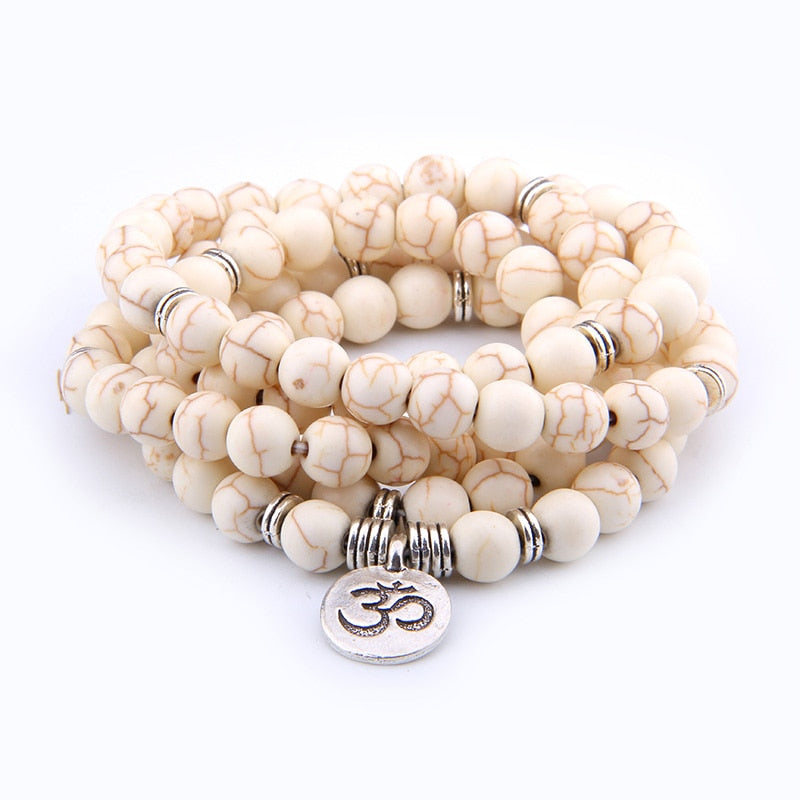 High Quatity Natural Stone Howlite Charm OM Bracelet Women Men 108 Mala Yoga lotus Jewelry Necklace Pulseras Dropshipping