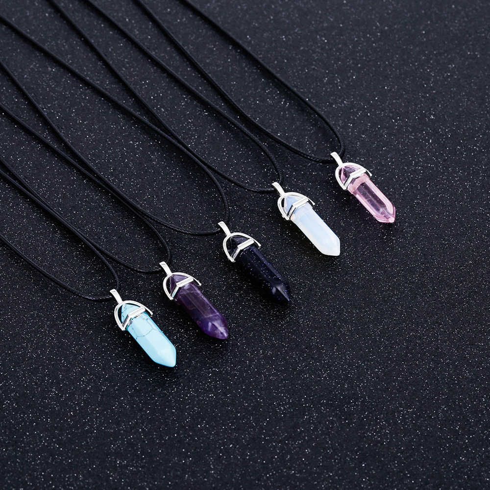 Vienkim Hot Hexagonal Column Necklaces Natural Crystal Pendants Stone Pendant Leather Chains Necklace For Women Fashion Jewelry