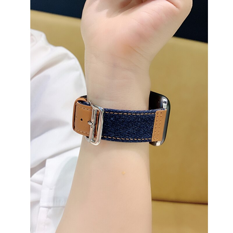 Fabric&amp;Genuine Leather strap for apple watch band 42mm 38mm 44mm 40mm 45mm 41mm iwatch SE/7/6/5/4/3/2 bracelet belt Accessories