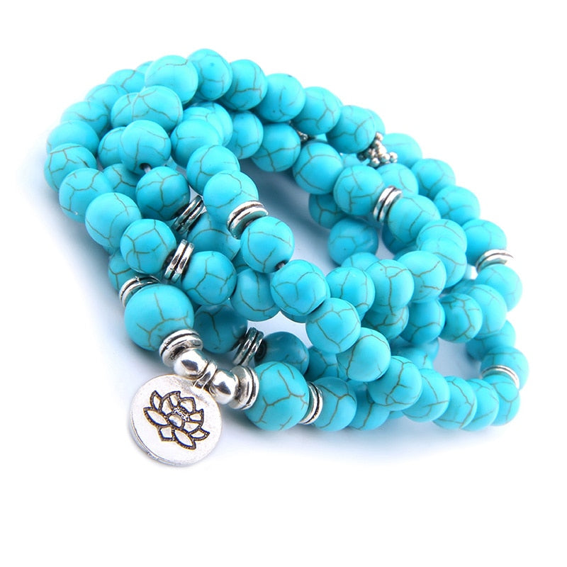 High Quatity Natural Stone Howlite Charm OM Bracelet Women Men 108 Mala Yoga lotus Jewelry Necklace Pulseras Dropshipping