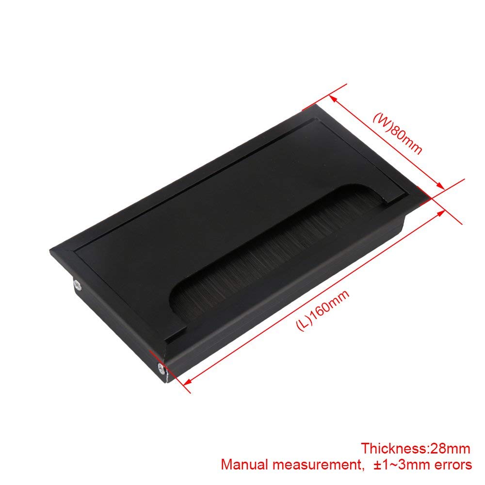 Black Aluminum Alloy L 160mm Table Desk Rectangle Wire Cable Grommet Hole Cover Outlet Port with Black Brush