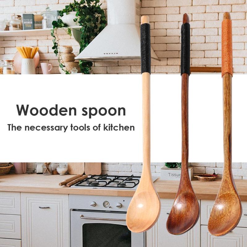 Long Handle Wood Spoon for Honey Rice Soup Dessert Coffee Tea Mixing Kitchen Utensil Tools Teaspoon Catering Bamboo Wooden Spoon