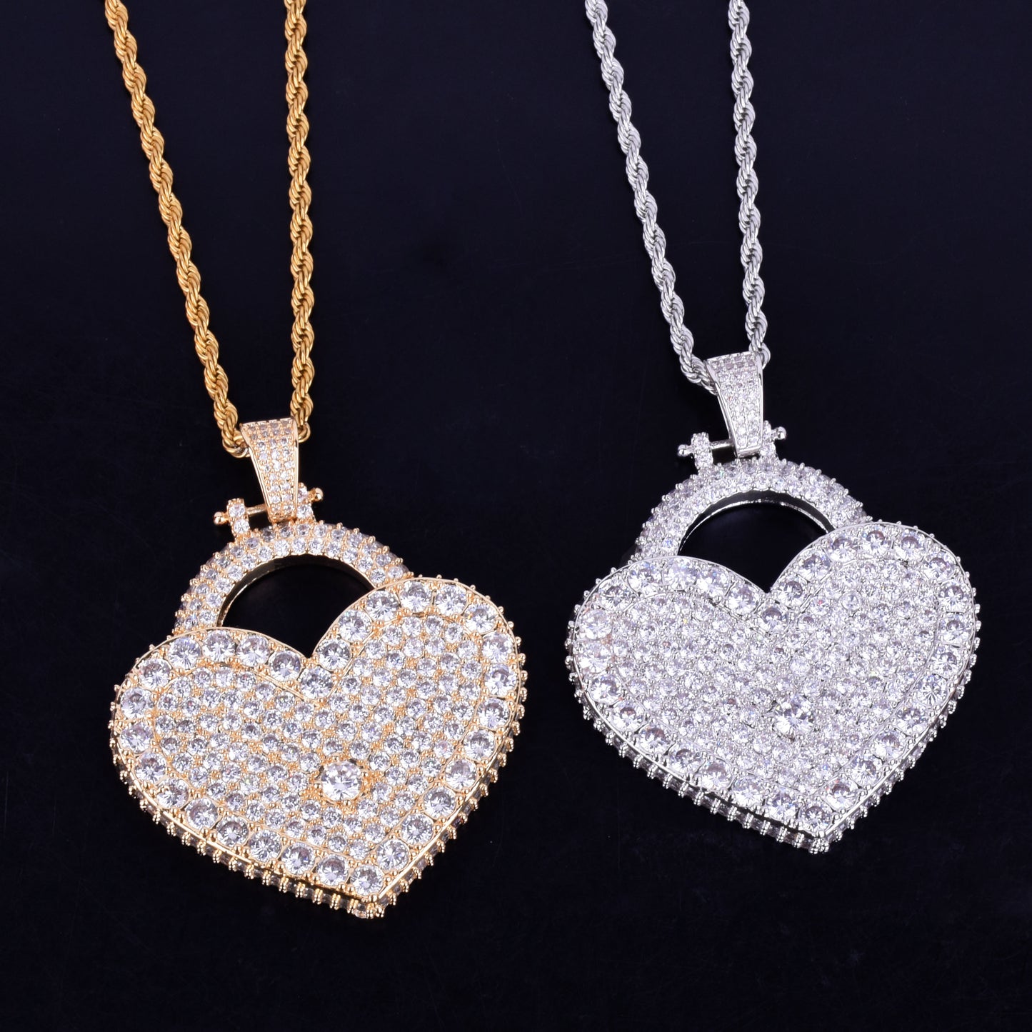 Heart Pendant Necklace Gold Color Iced Zircon Men&#39;s Hip Hop Rock Jewelry