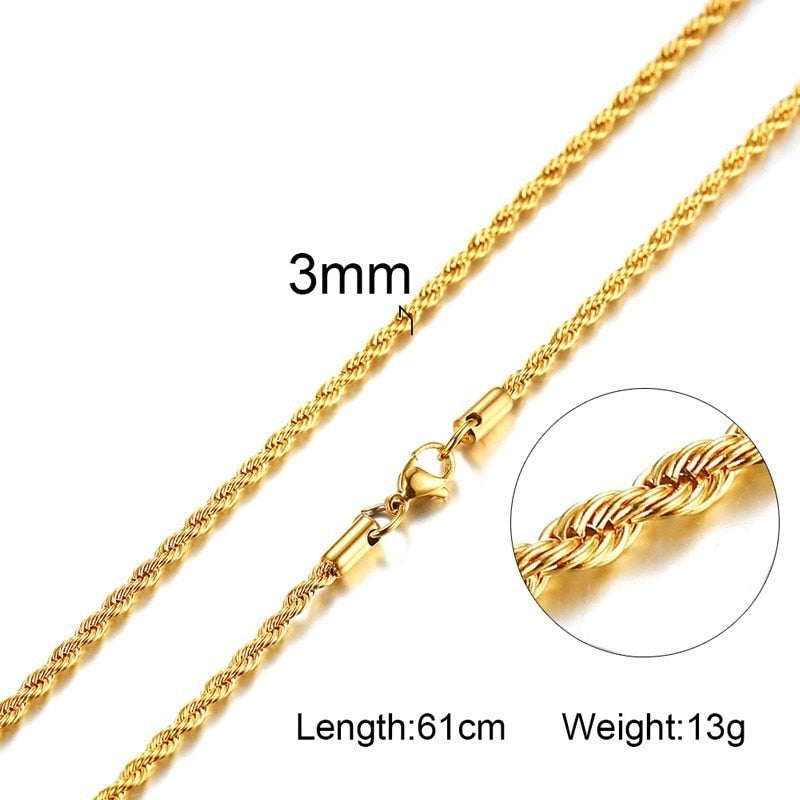 Vnox Stainless Steel Rope Chain Men Necklace Gold Color Twisted Wave Links Basic Chains Choker Unisex Punk Jewelry