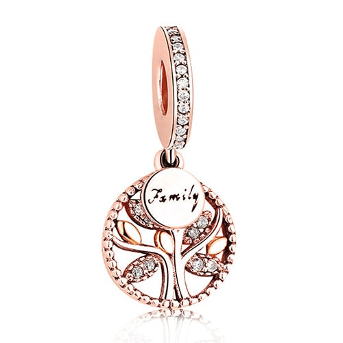 Fashion Rose Gold Tree Feather Heart Charms Beads Fit Original Bracelet Women 925 Sterling Silver Jewelry Accessories