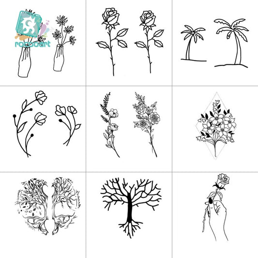 Rocooart Hot sale Black White Style Tattoo Sticker Tree Flower Leaf  Temporary Tattoo Sticker Rose Body Art Tatouage Fake Tatoo