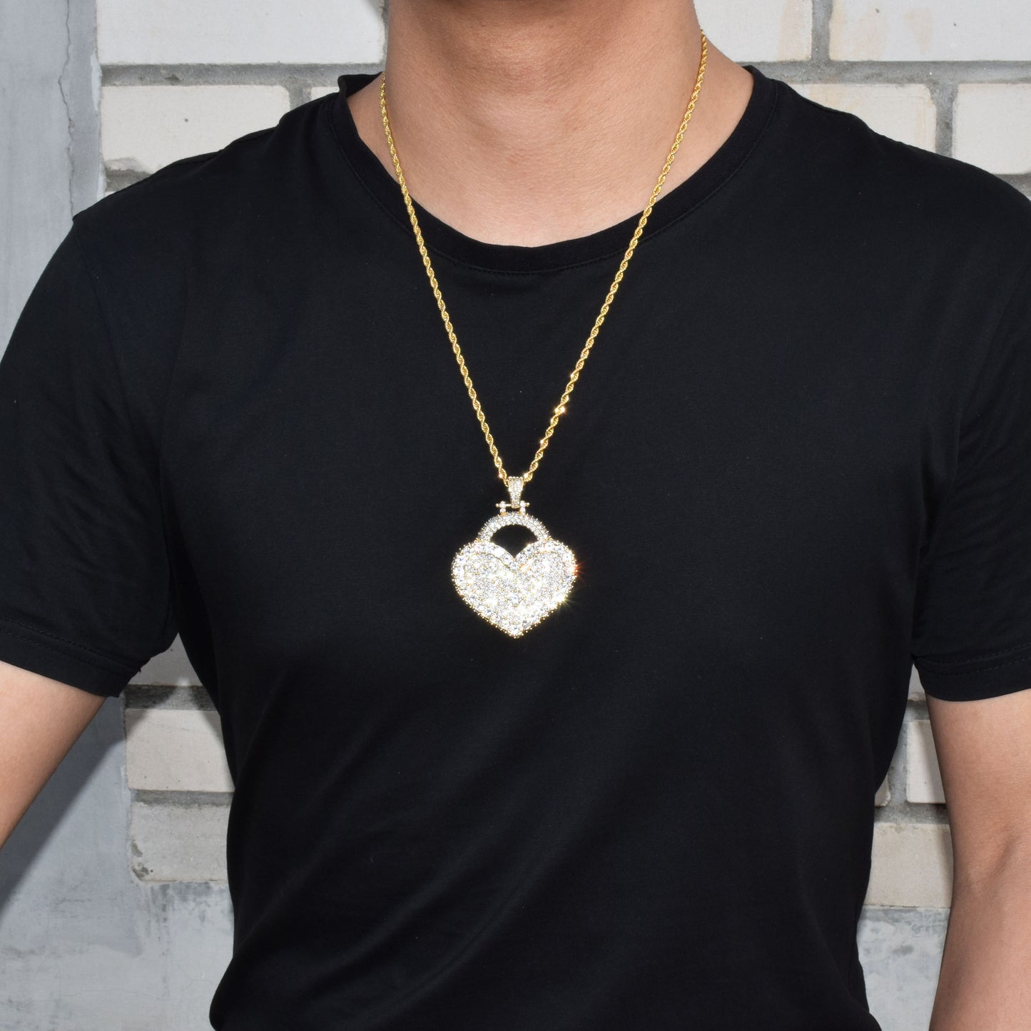 Heart Pendant Necklace Gold Color Iced Zircon Men&#39;s Hip Hop Rock Jewelry