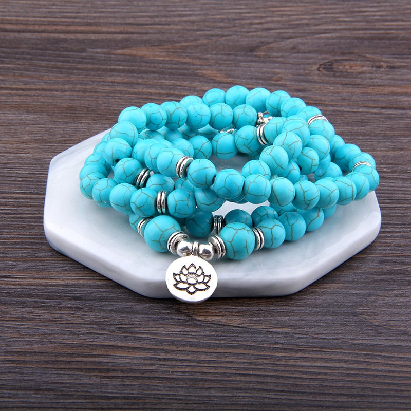 High Quatity Natural Stone Howlite Charm OM Bracelet Women Men 108 Mala Yoga lotus Jewelry Necklace Pulseras Dropshipping