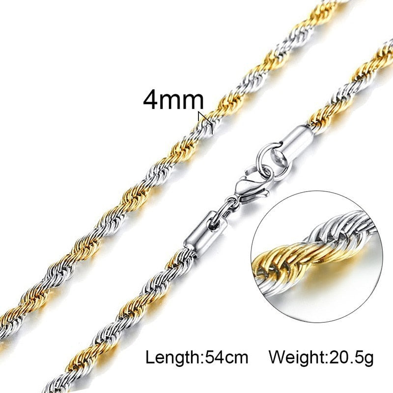 Vnox Stainless Steel Rope Chain Men Necklace Gold Color Twisted Wave Links Basic Chains Choker Unisex Punk Jewelry