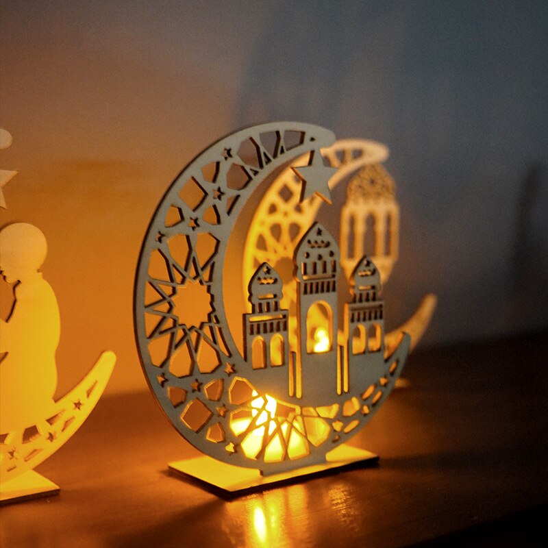 LED Eid Mubarak Wooden DIY Craft Ornament Pendant Islam Muslim Party Home Decoration Ramadan Kareem Event Party Supplies