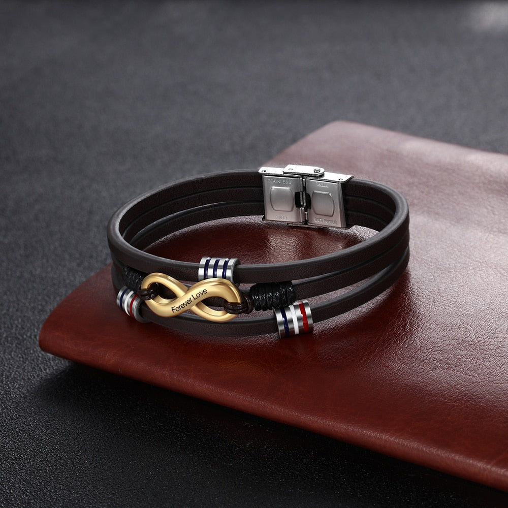 JewelOra Customized 3-Layers Brown Leather Bracelets for Men Personalized Engraving Name Infinity Wristband Bracelets