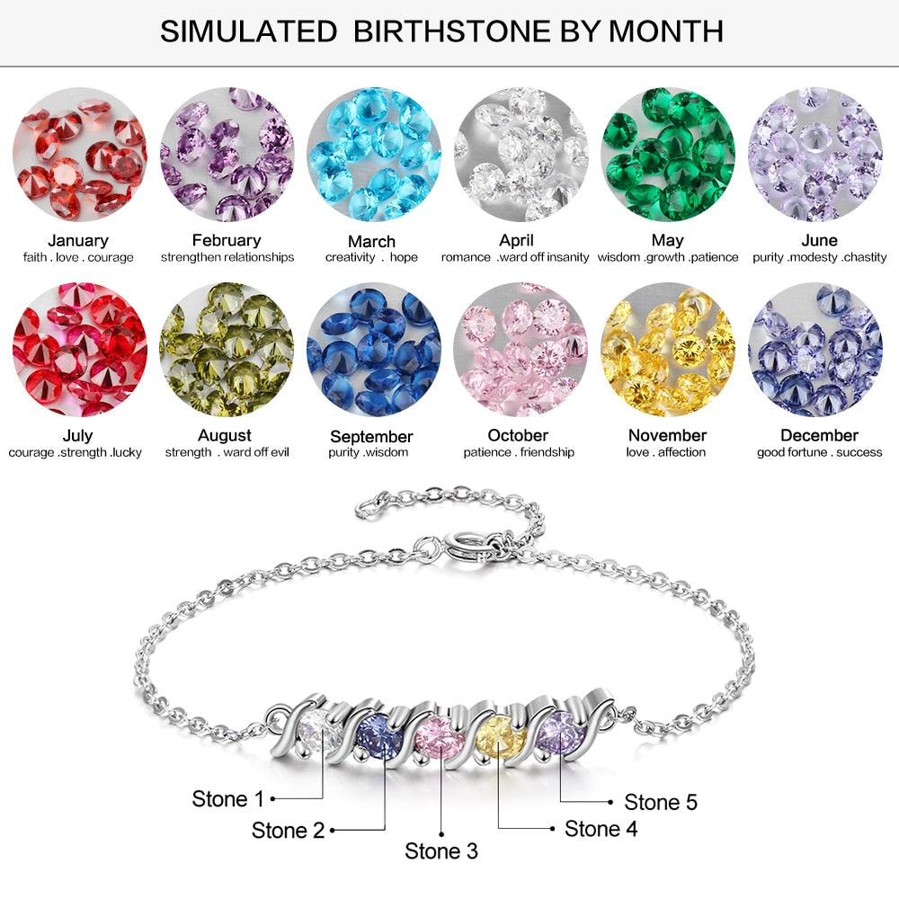 Personalized  Silver Color Bracelet with 5 Birthstone Round Cubic Zirconia Charm Bracelets Fine Jewelry (Lam Hub Fong)