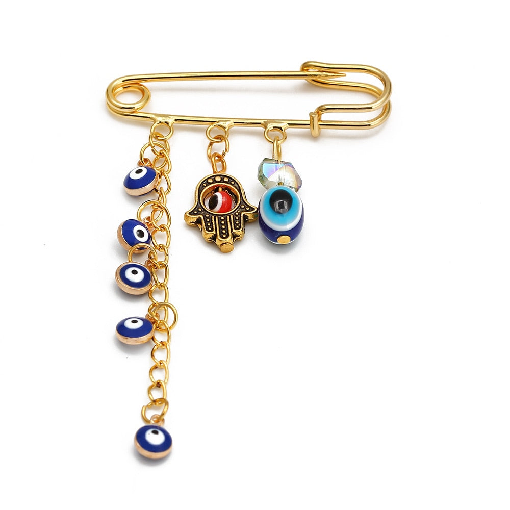 Lucky Eye Fatima Hamsa Hand Blue Turkish Evil Eye Brooch Pin Gold Color Alloy Charm Brooch for Women Men Fashion Jewelry BE102