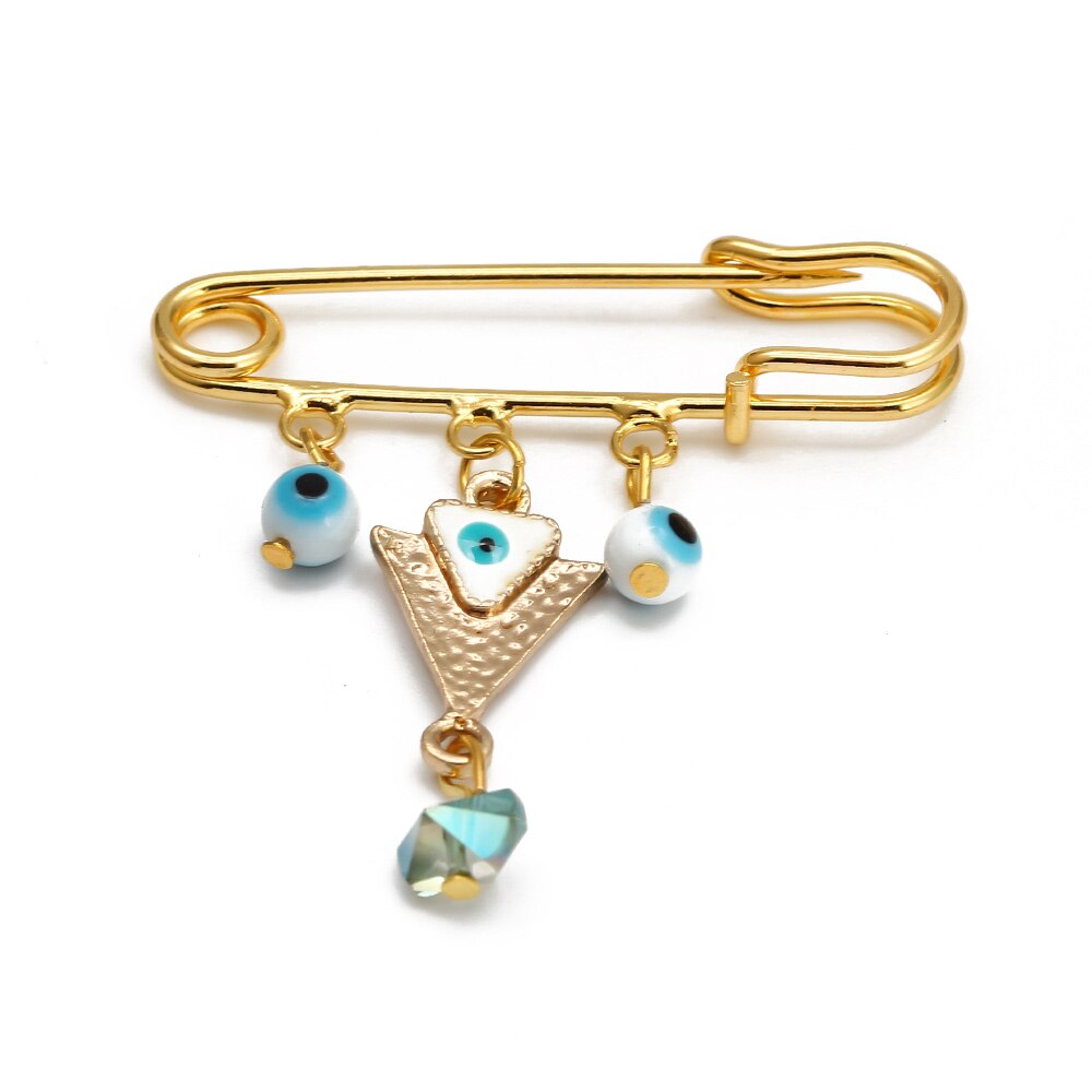 Lucky Eye Fatima Hamsa Hand Blue Turkish Evil Eye Brooch Pin Gold Color Alloy Charm Brooch for Women Men Fashion Jewelry BE102