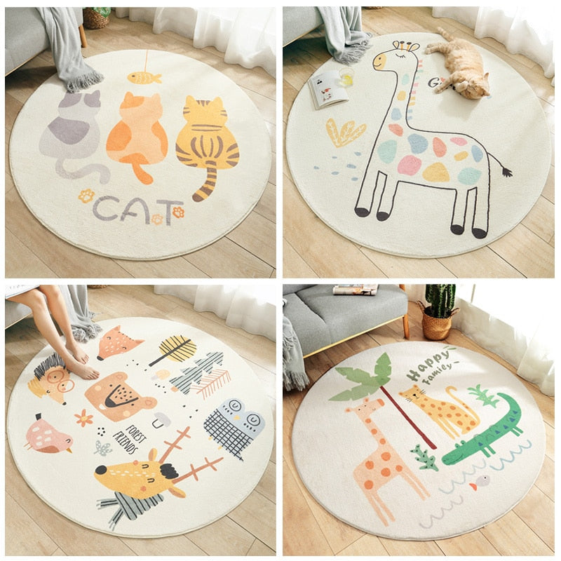 Cartoon Round Kids Bedroom Carpets Lamb Cashmere Home Living Room Non-Slip Carpet Sofa Tatami Bedside Rugs Baby Crawling Mat