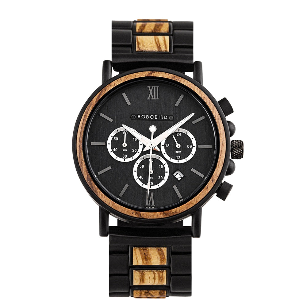 BOBO BIRD Chronograph Men Watch Wooden Brand Luxury Metal Clock montre design homme