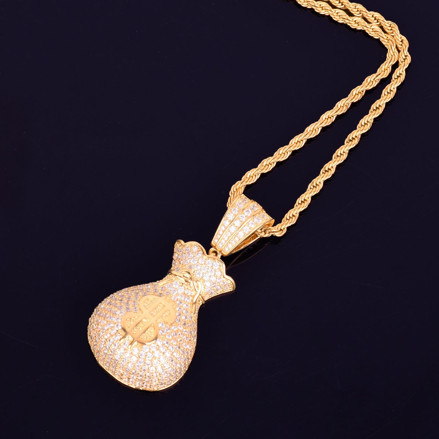 Men&#39;s Dollar Bag Pendant Necklace  Gold Color Bling Cubic Zircon Hip Hop Rock Jewelry