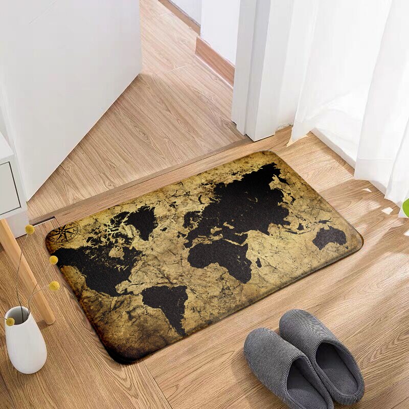 New Style World Map Printing Retro Floor Mats Flannel Entrance Door Mats Funny Living Room Kitchen Bathroom Anti-Slip Carpet Rug