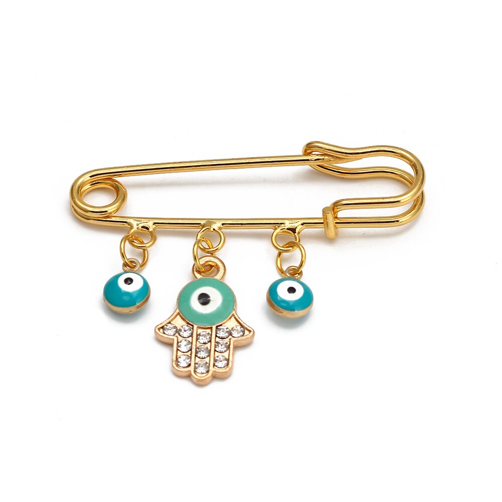 Lucky Eye Fatima Hamsa Hand Blue Turkish Evil Eye Brooch Pin Gold Color Alloy Charm Brooch for Women Men Fashion Jewelry BE102