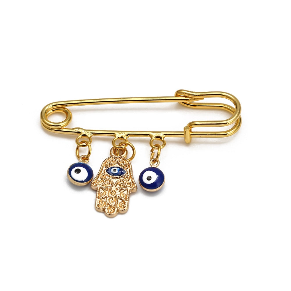 Lucky Eye Fatima Hamsa Hand Blue Turkish Evil Eye Brooch Pin Gold Color Alloy Charm Brooch for Women Men Fashion Jewelry BE102