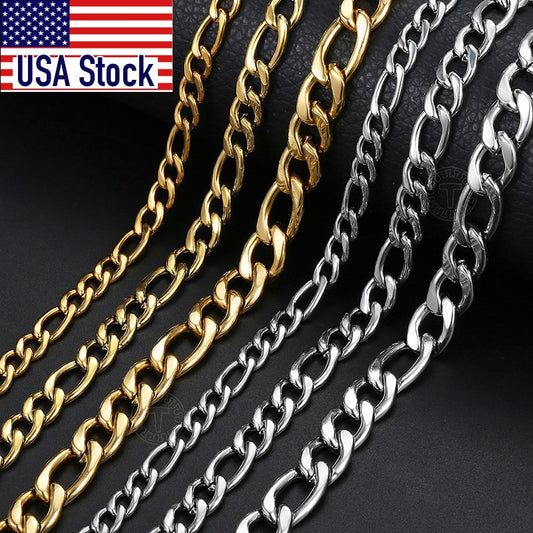 5/7/9mm Men&#39;s Stainless Steel Necklace Figaro Link Chain Choker for Men Women Gold Color Silver Color Solid Accessories  KNM177