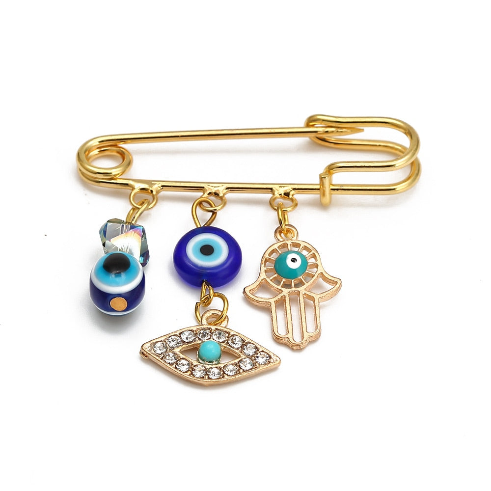 Lucky Eye Fatima Hamsa Hand Blue Turkish Evil Eye Brooch Pin Gold Color Alloy Charm Brooch for Women Men Fashion Jewelry BE102