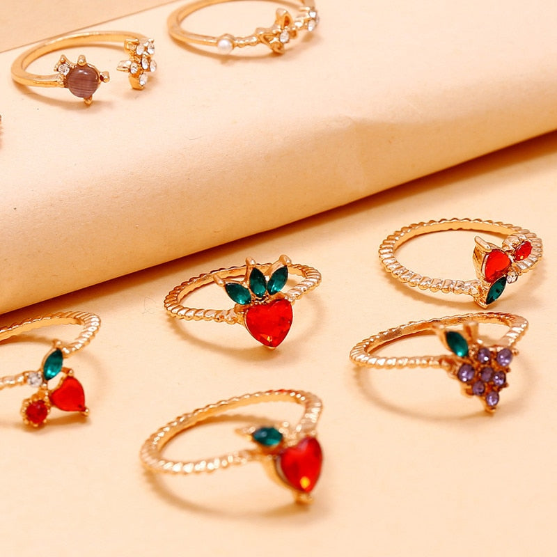 11 Pcs/Set Sweet Crystal Apple Strawberry Cherry Grape Rings for Women Fashion Butterfly Fruit Gem Gold Rings Set Party Jewelry