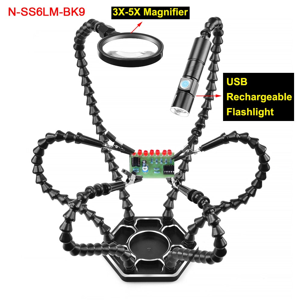 NEWACALOX Welding Repair Workbench with 3X USB LED Magnifier PCB Holder Soldering Tool Third Helping Hand  6Pcs Flexible Arms