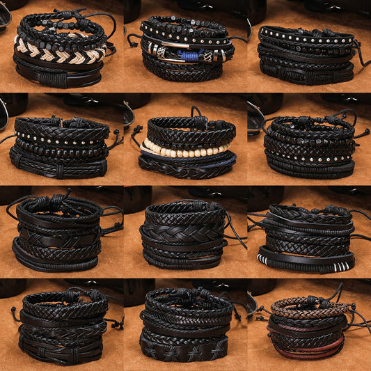 Trendy 5pcs Leather Wrap Bracelets Sets Bangles for Men Male Hippop Casual Jewelry Accessories Boyfriend Husband Gift Present