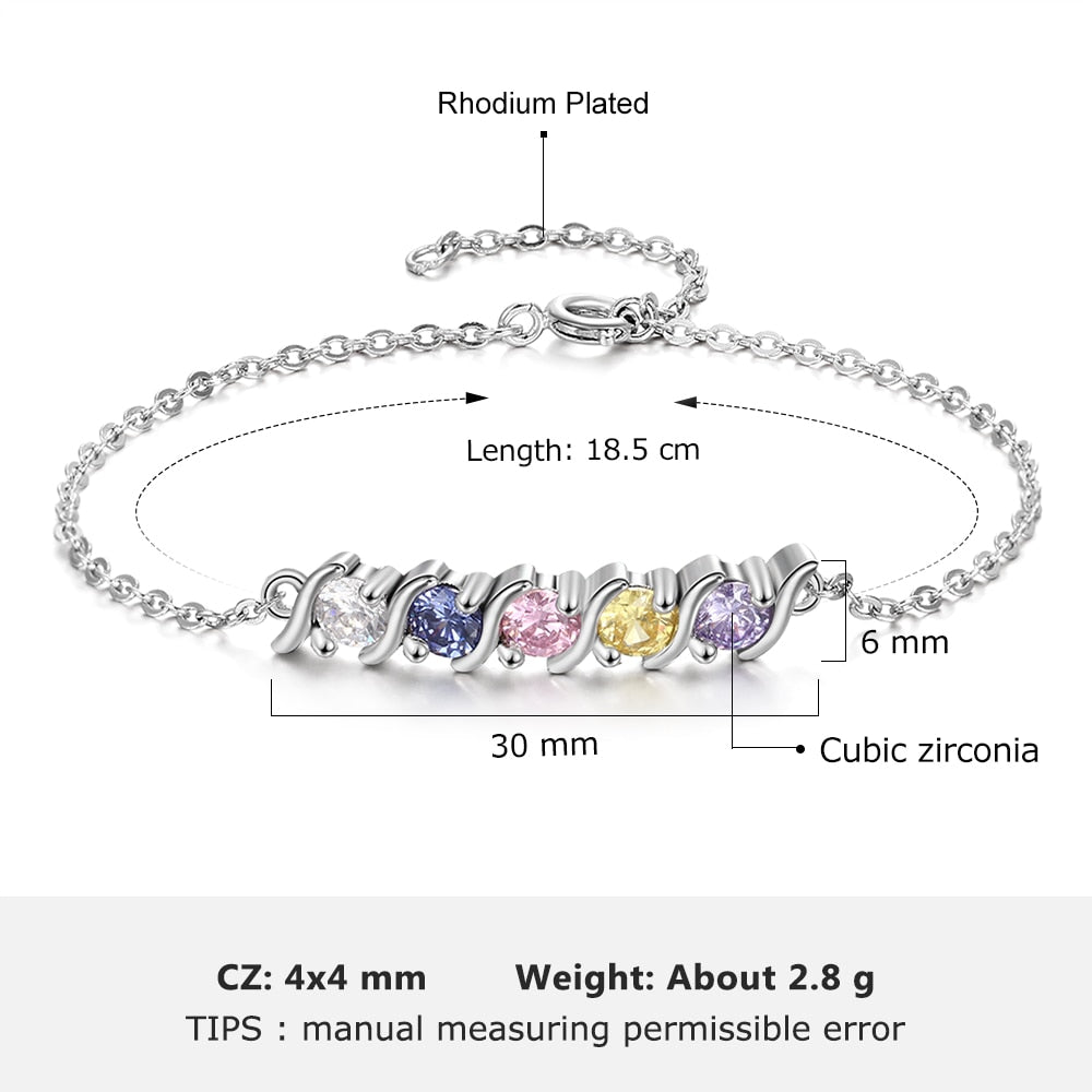 Personalized  Silver Color Bracelet with 5 Birthstone Round Cubic Zirconia Charm Bracelets Fine Jewelry (Lam Hub Fong)