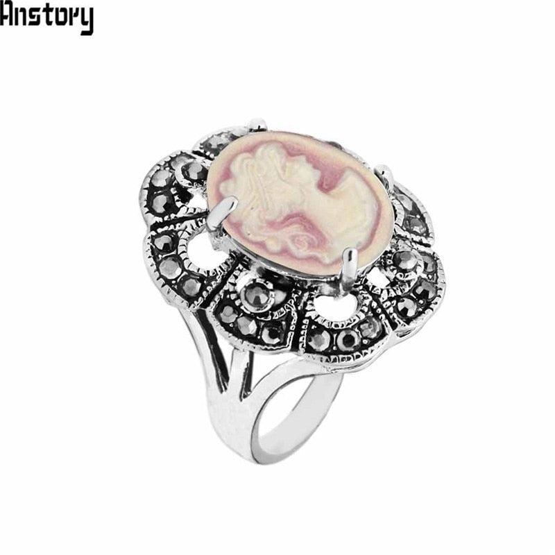 Oval Lady Queen Cameo Rings For Women Antique Silver Plated Rhinestone Plum Flower Vintage Fashion Jewelry TR708