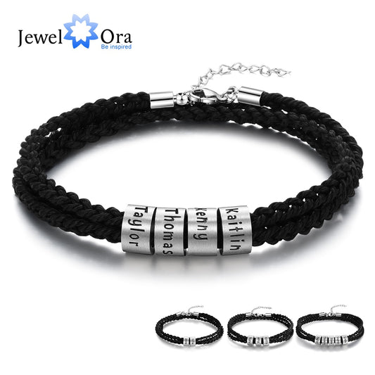 JewelOra Personalized Stainless Steel Custom Name Beads Bracelet Adjustable Multilayer Braided Rope Men Bracelets Dad Gift