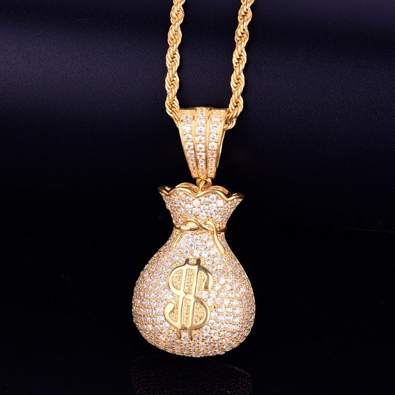 Men&#39;s Dollar Bag Pendant Necklace  Gold Color Bling Cubic Zircon Hip Hop Rock Jewelry