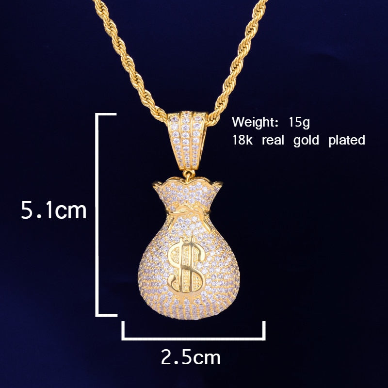 Men&#39;s Dollar Bag Pendant Necklace  Gold Color Bling Cubic Zircon Hip Hop Rock Jewelry