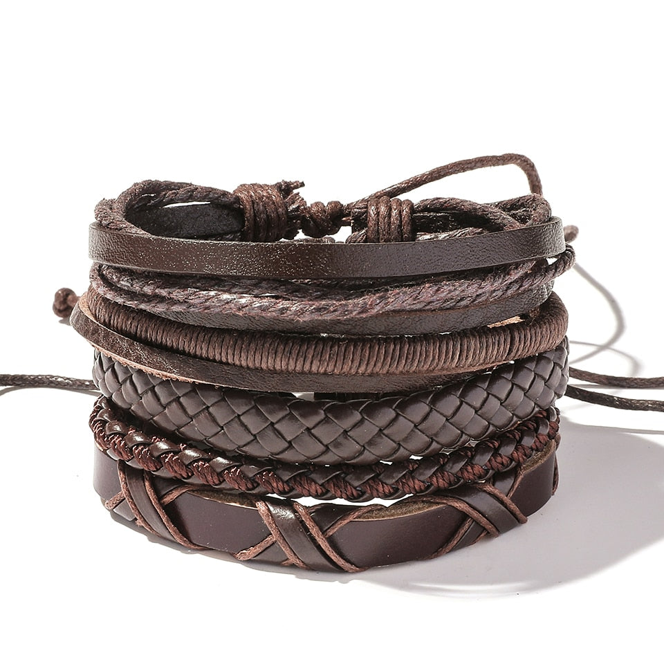 Trendy 5pcs Leather Wrap Bracelets Sets Bangles for Men Male Hippop Casual Jewelry Accessories Boyfriend Husband Gift Present