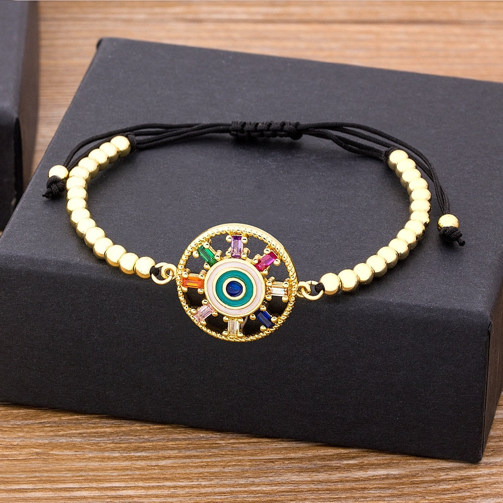 Nidin Trendy Turkish Evil Eye Handmade Beads Bracelet Pave CZ Blue Eye Lucky Rope Bracelet Adjustable Female Party Jewelry Gifts