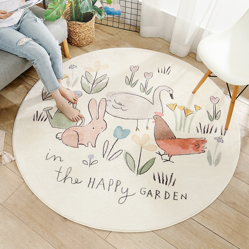 Cartoon Round Kids Bedroom Carpets Lamb Cashmere Home Living Room Non-Slip Carpet Sofa Tatami Bedside Rugs Baby Crawling Mat