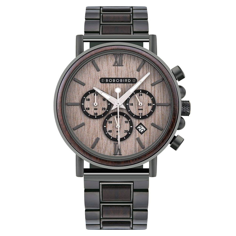 BOBO BIRD Chronograph Men Watch Wooden Brand Luxury Metal Clock montre design homme