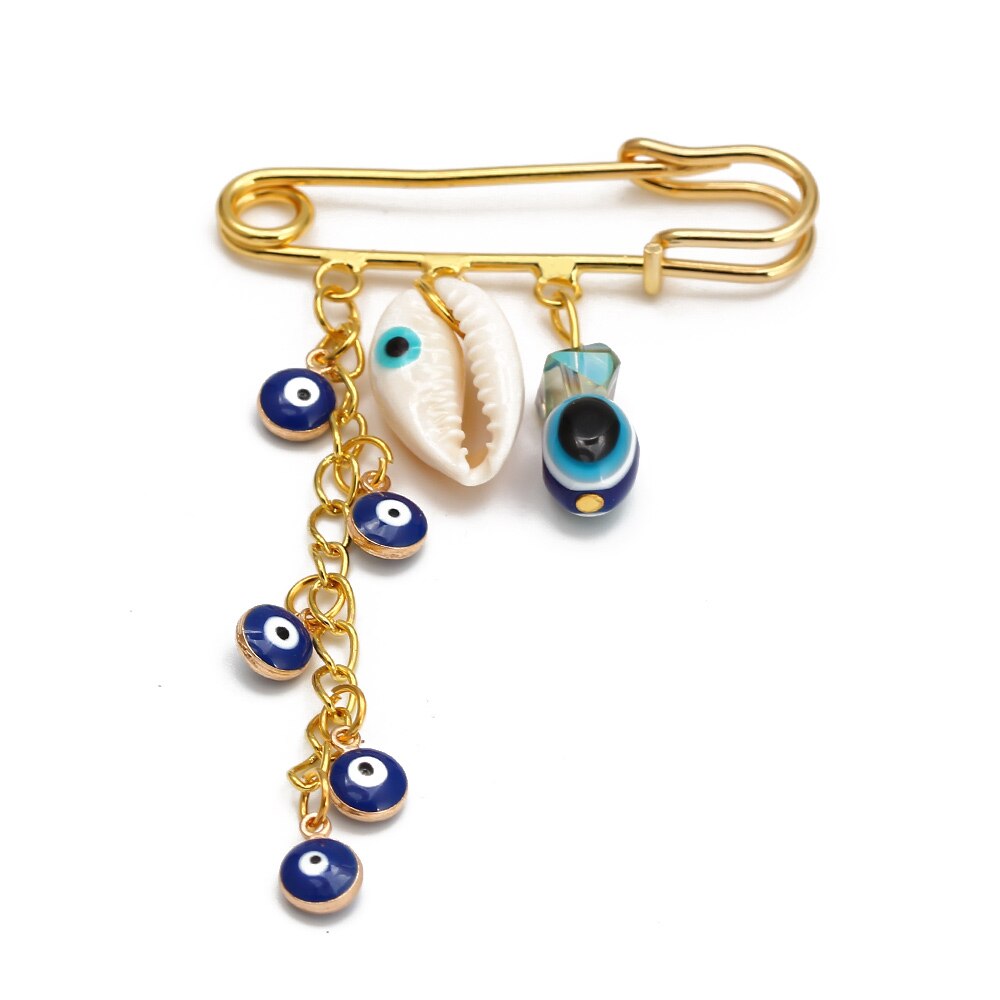 Lucky Eye Fatima Hamsa Hand Blue Turkish Evil Eye Brooch Pin Gold Color Alloy Charm Brooch for Women Men Fashion Jewelry BE102