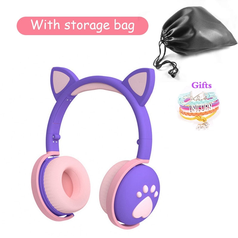 Cute Kids Headphones Wireless Earphones,Control LED light Cat Ear Girl Child Gift Blue-tooth Gaming Headset Stereo Bass With Mic