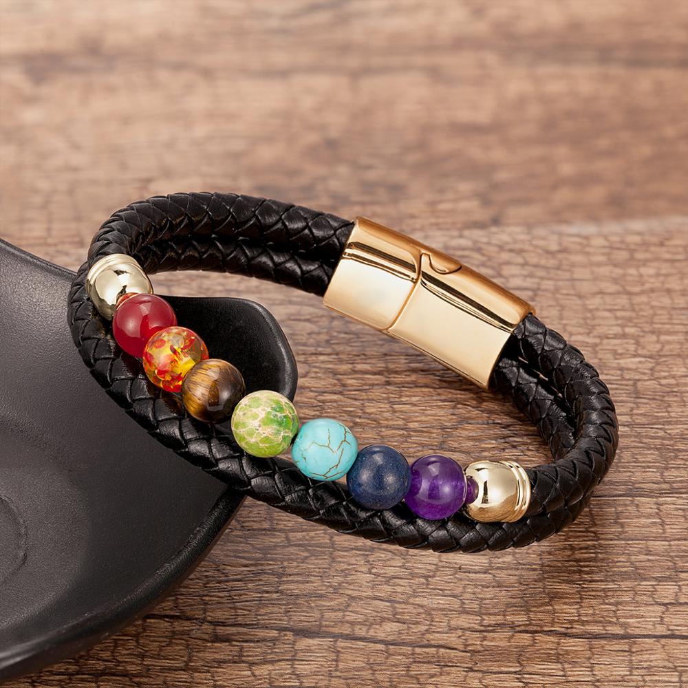 New Chakra Men Bracelet 7 Color Natural Yoga Healing Stone Beads Bracelets Black Genuine Leather Hommes Pulseras Jewelry Gifts