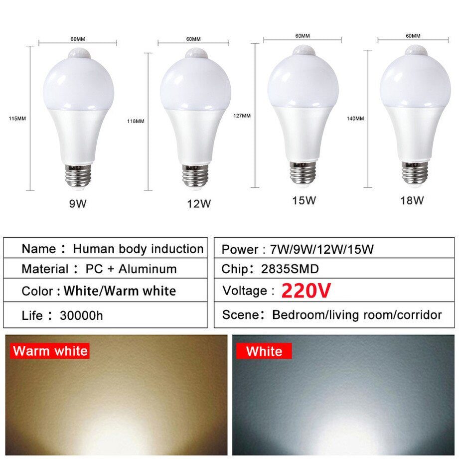 E27 PIR Motion Sensor Lamp 9W 12W 15W 18W /220V LED Bulb with Motion Sensor Infrared Radiation Motion Detector Security Light