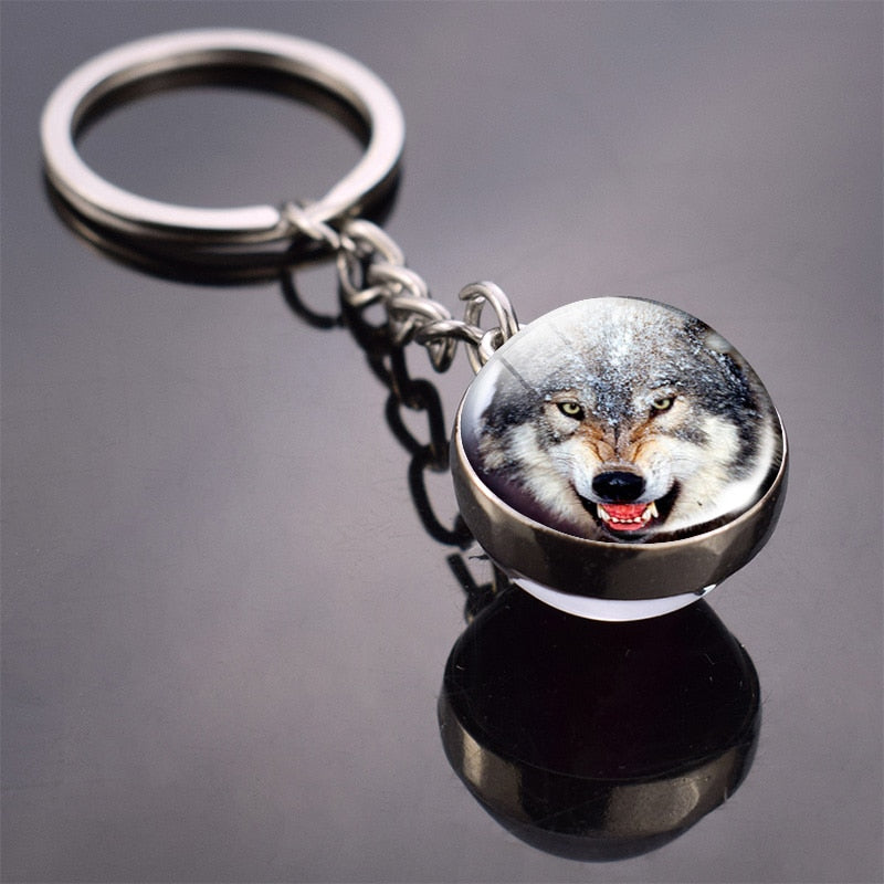 Animal Keychain Tiger Wolf Fox Lion Double Side Glass Ball Key Chain Black Cat Horse and Moon Key Ring Pendant Keyring