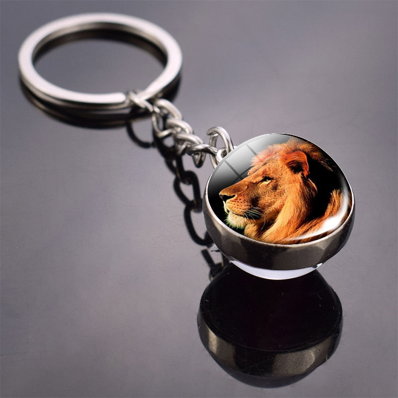 Animal Keychain Tiger Wolf Fox Lion Double Side Glass Ball Key Chain Black Cat Horse and Moon Key Ring Pendant Keyring