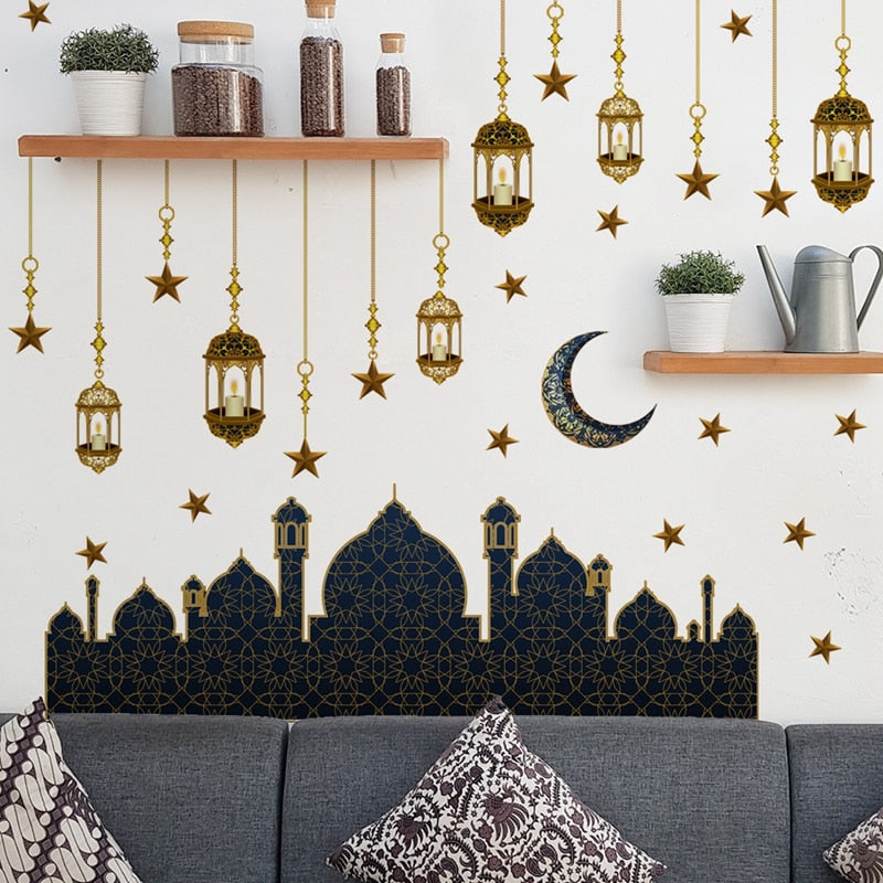 Ramadan Wall Stickers Moon Star Lantern DIY Wall Decal Ramadan Kareem Decoration For Home 2023 Islamic Muslim Mural Eid Mubarak