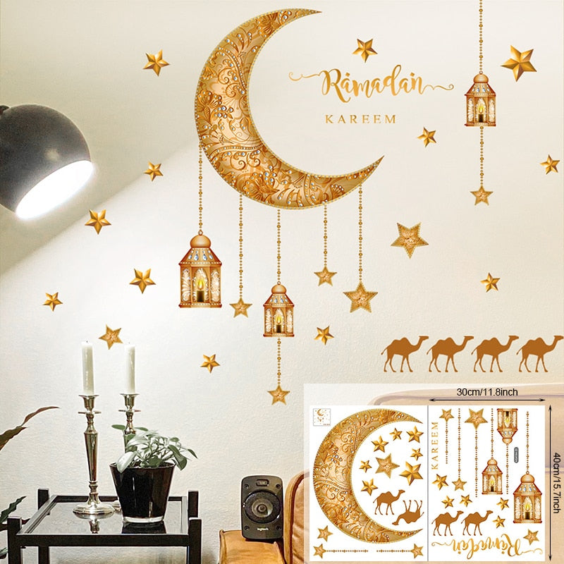 Ramadan Wall Stickers Moon Star Lantern DIY Wall Decal Ramadan Kareem Decoration For Home 2023 Islamic Muslim Mural Eid Mubarak