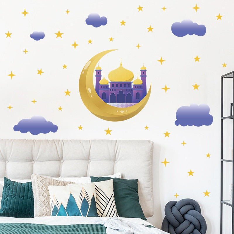 Ramadan Wall Stickers Moon Star Lantern DIY Wall Decal Ramadan Kareem Decoration For Home 2023 Islamic Muslim Mural Eid Mubarak